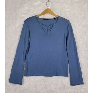 Forte Cashmere Light Blue Keyhole Tie Neck Long Sleeve Top Size Med Quiet Luxury